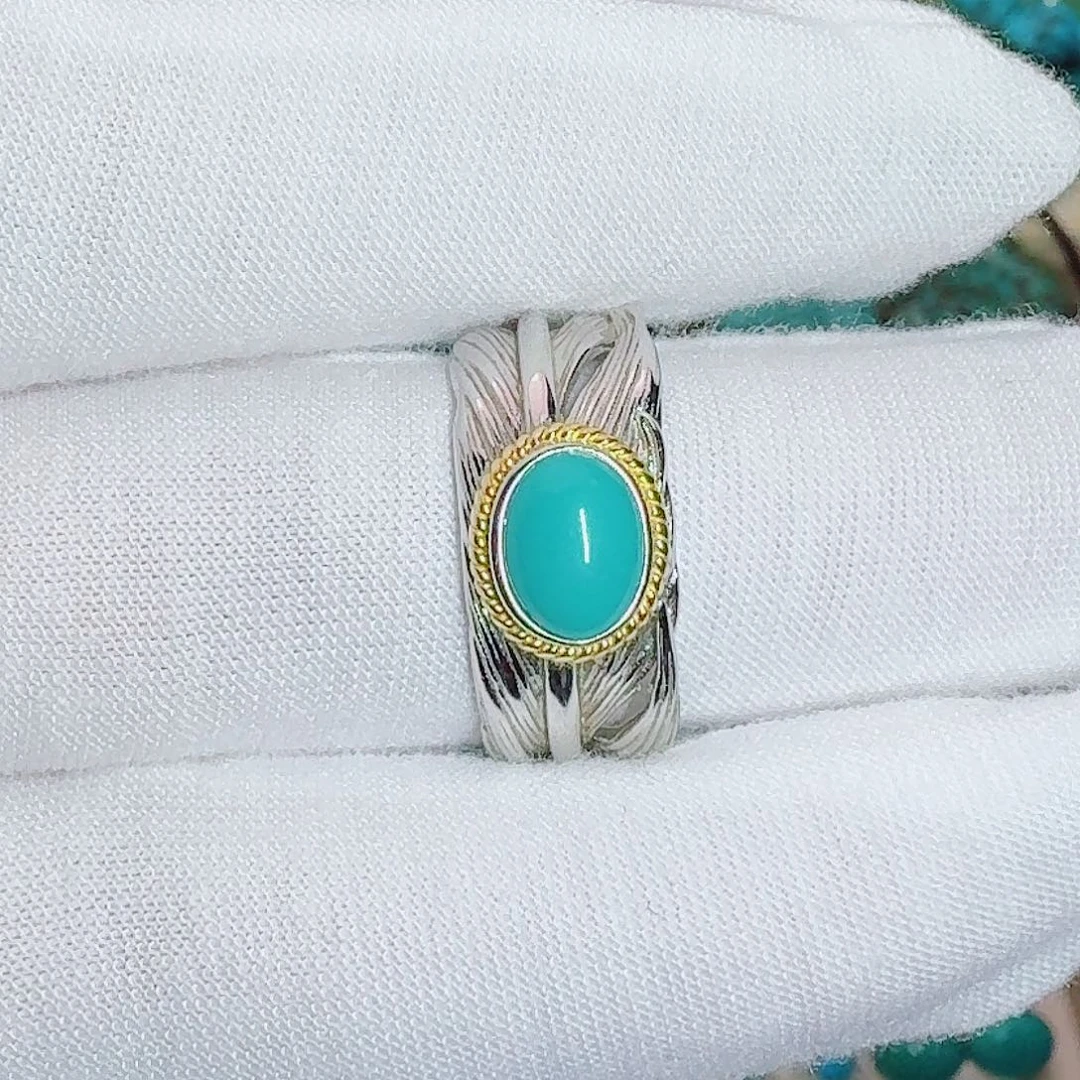 绿松石银S925镶嵌珠宝奇石精致羽毛