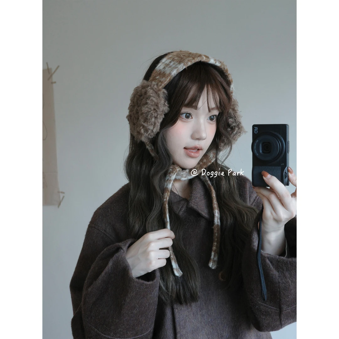 狗狗公园｜氛围感小众马海毛格纹耳罩秋冬高颜值绑带围脖防寒保暖