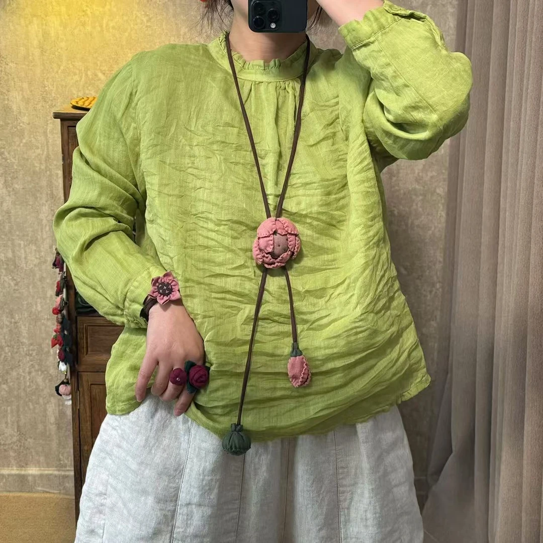 爱麻吖 新款苎麻双层木耳花边领纯色文艺小衫【可单穿可打底】