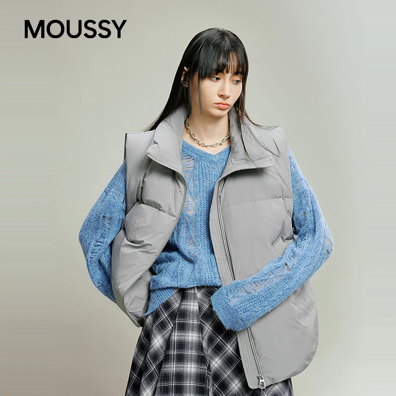 moussy 2025秋季新品纯色翻领保暖宽松90羽绒马甲女028IAA30-1041