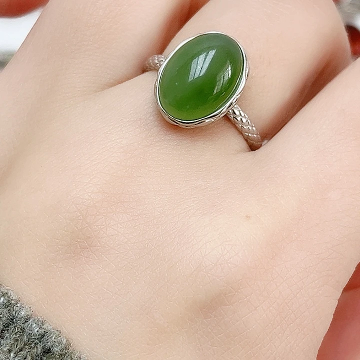 和田玉戒指银S925镶嵌天然