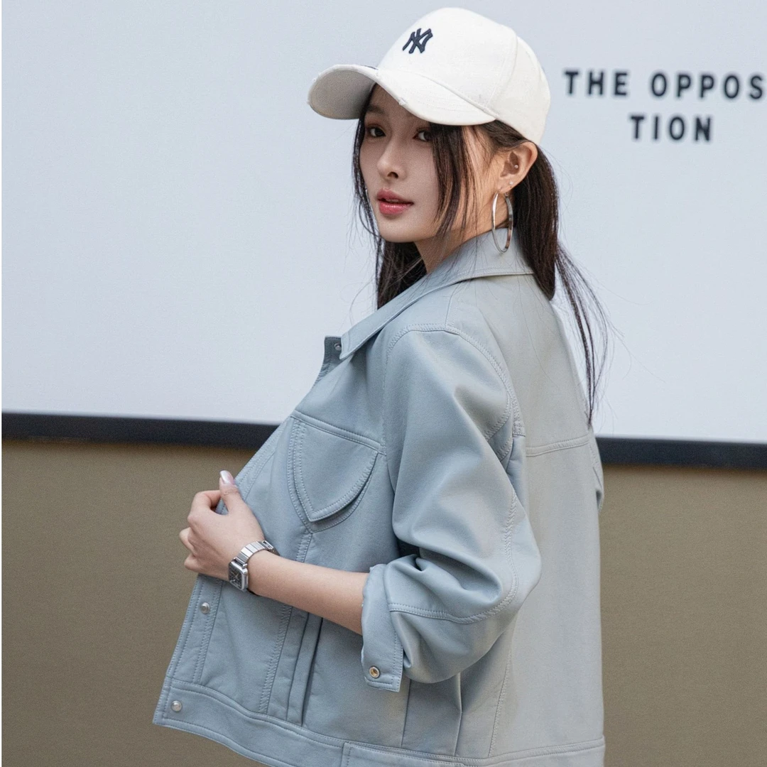 【聪尔专属】韩版短款休闲时尚百搭简约春季翻领女皮夹克外套2528