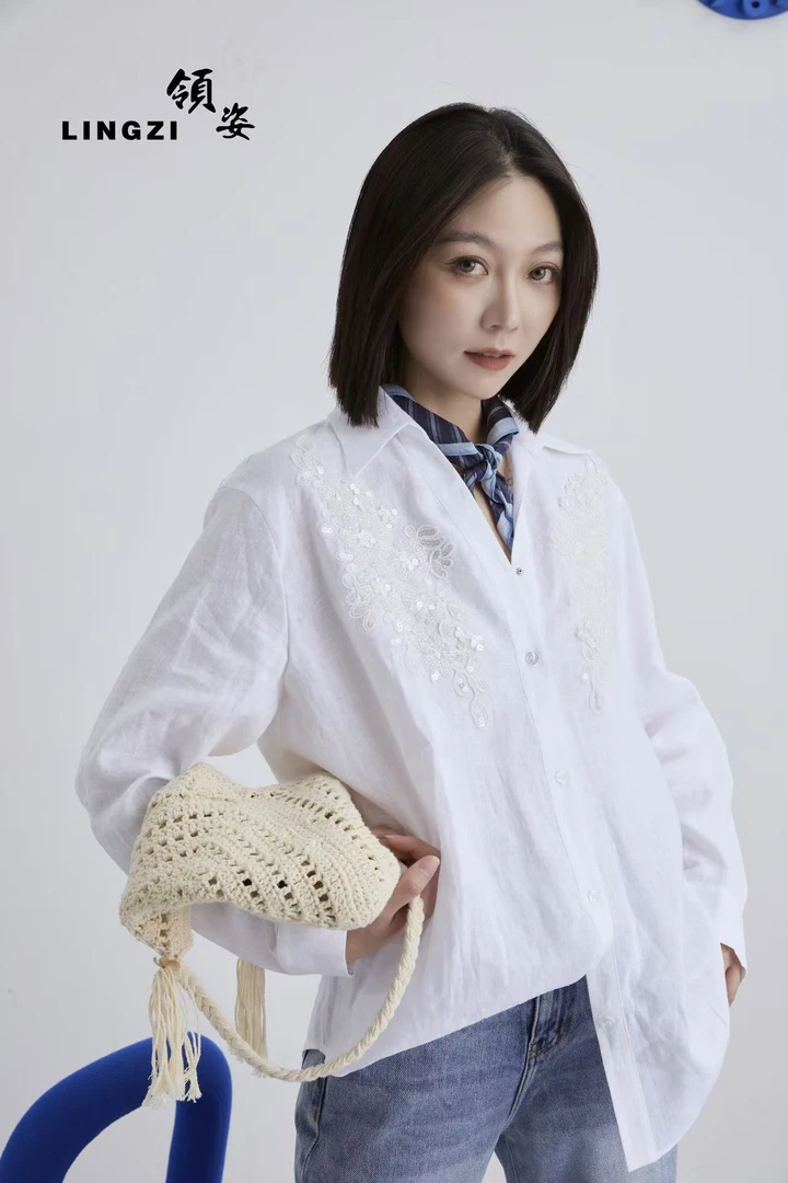 LINGZI领姿麻质珠片衬衫设计感夏季长袖衬衫