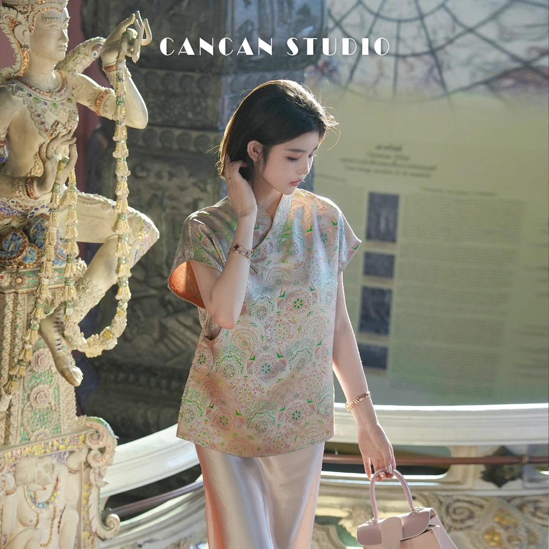 CANCAN STUDIO【宋锦~彩莲】新中式原创设计短袖上衣G334523