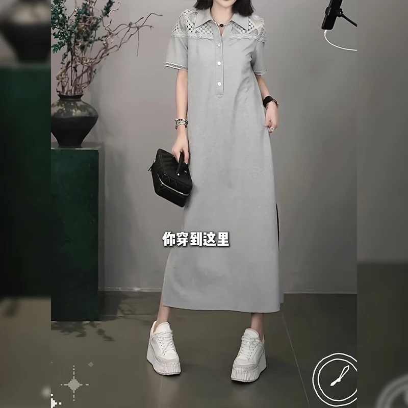 2025夏季新款时尚连衣裙女气质休闲显瘦宽松半开襟拼接翻领长裙子