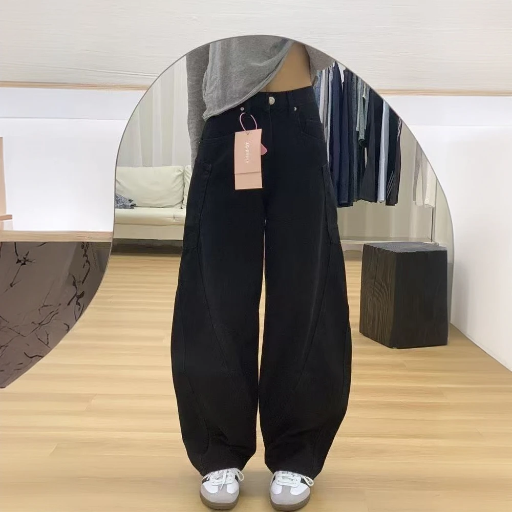大码复古黑色大口袋弯刀牛仔裤女春季新款宽松休闲阔腿高腰镰刀裤