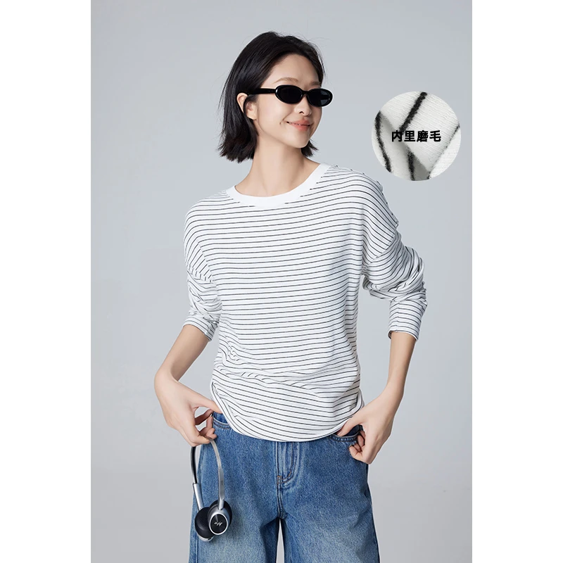 S美洋MEIYANG 信纸长袖打底衫 磨毛保暖圆领宽松基础百搭T恤上衣