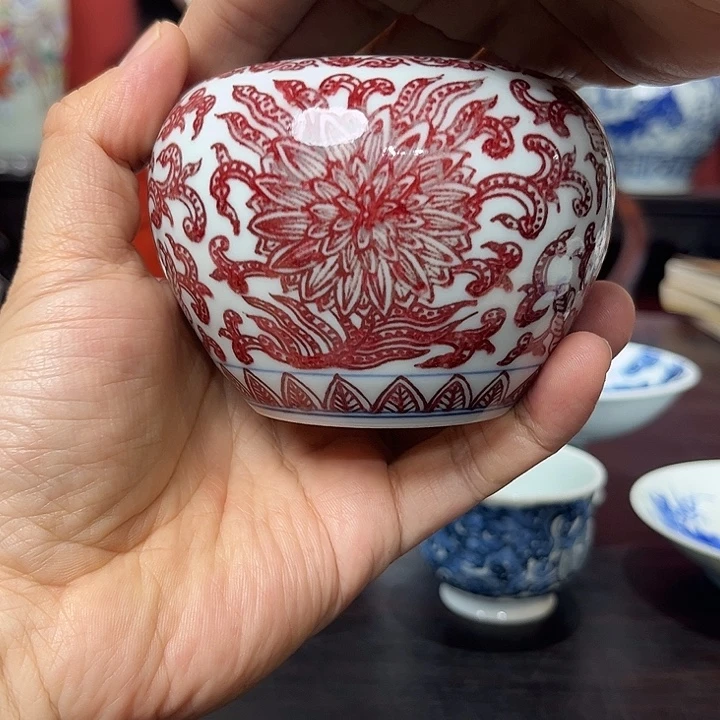 龙***洲摆件瓷青花釉里红折枝莲苹果水盂