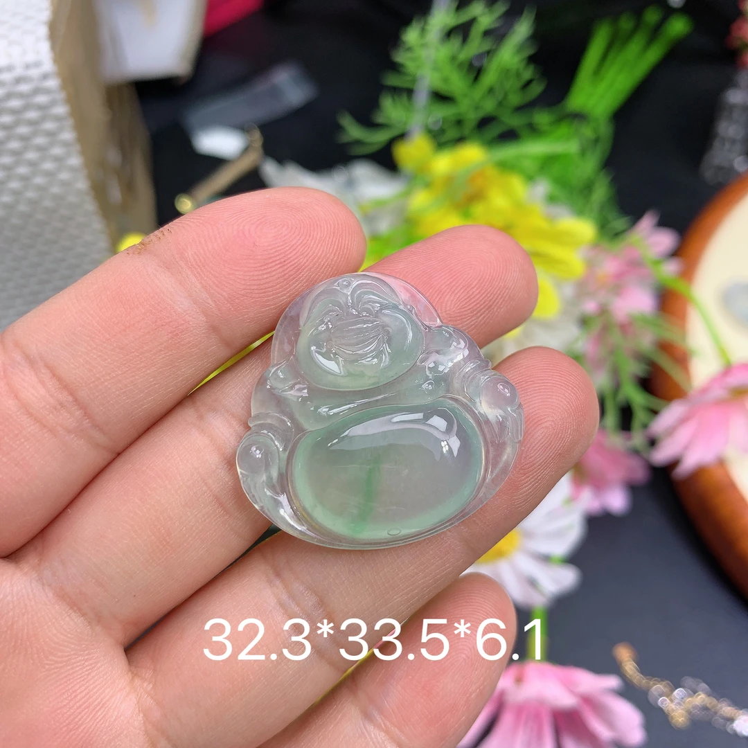 缅甸翡翠A货冰种飘绿佛公夏挂件水润百搭精冰精玉美妈妈精致百搭