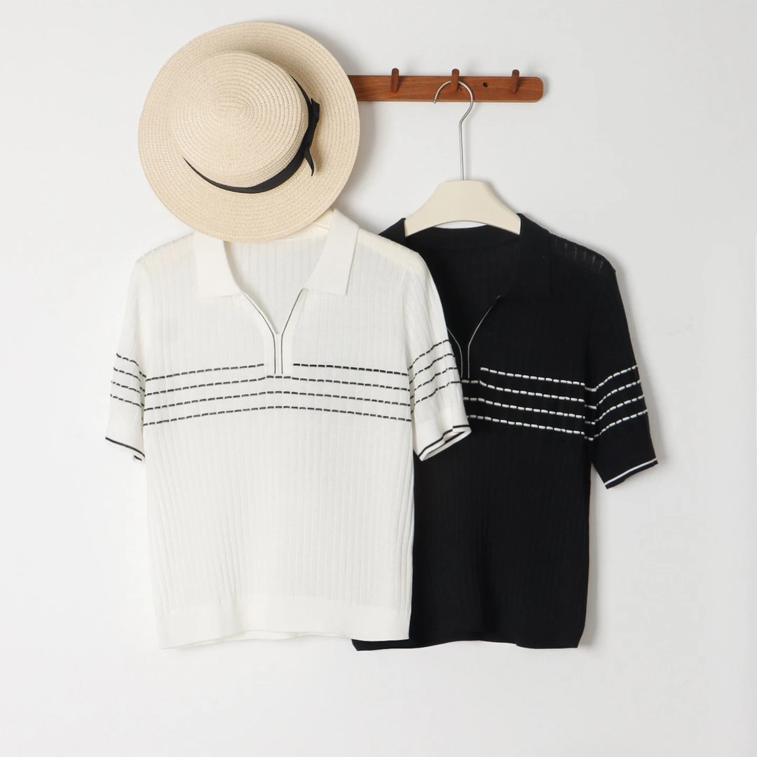 【轻松姿态】桑蚕丝莱赛尔百搭撞色POLO翻领针织衫短袖#87527气质