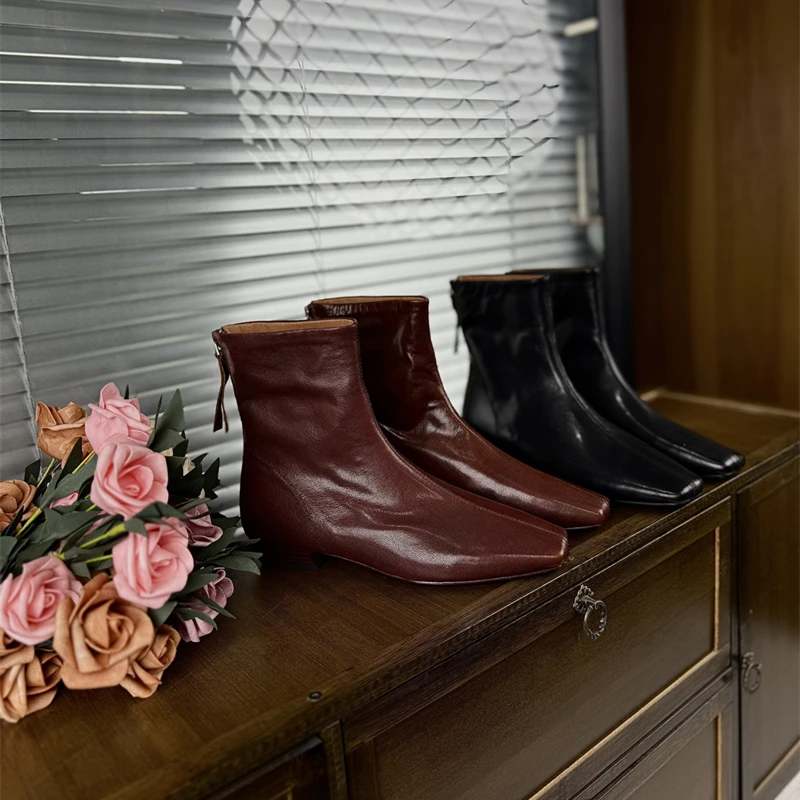 复古小方头绵羊皮短靴瘦瘦靴气质通勤时装女靴