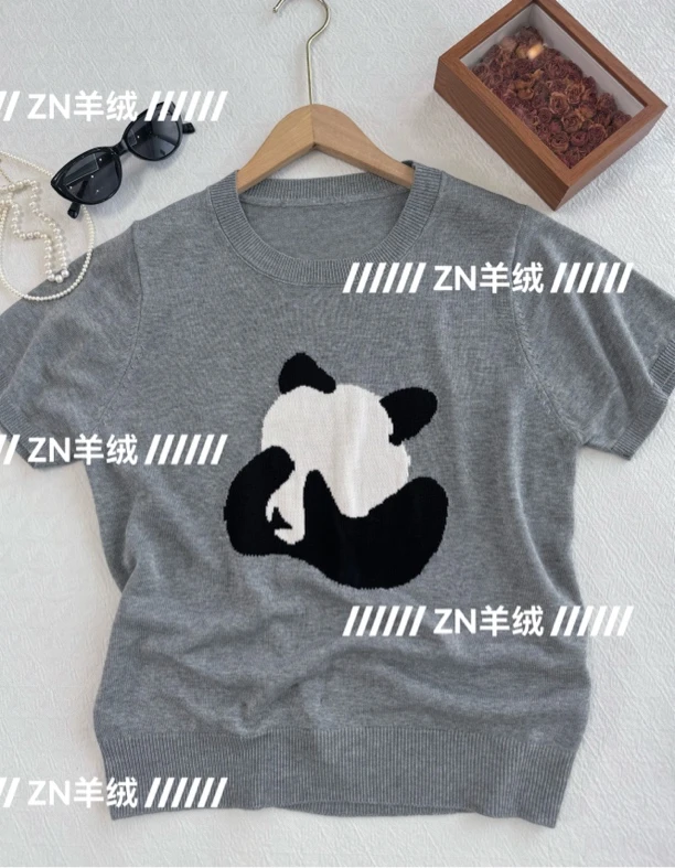 【100莱赛尔】超正版型！新款圆领提花熊猫小猫针织短袖半袖宽松显瘦