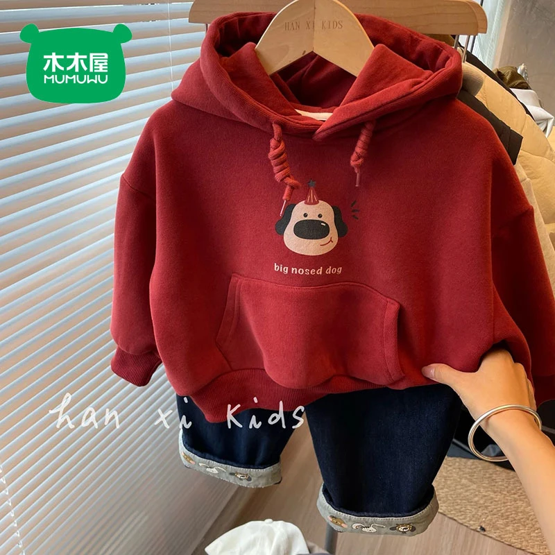木木屋男女宝宝加绒卫衣卡通狗狗印花韩国童装儿童百搭连帽上衣潮