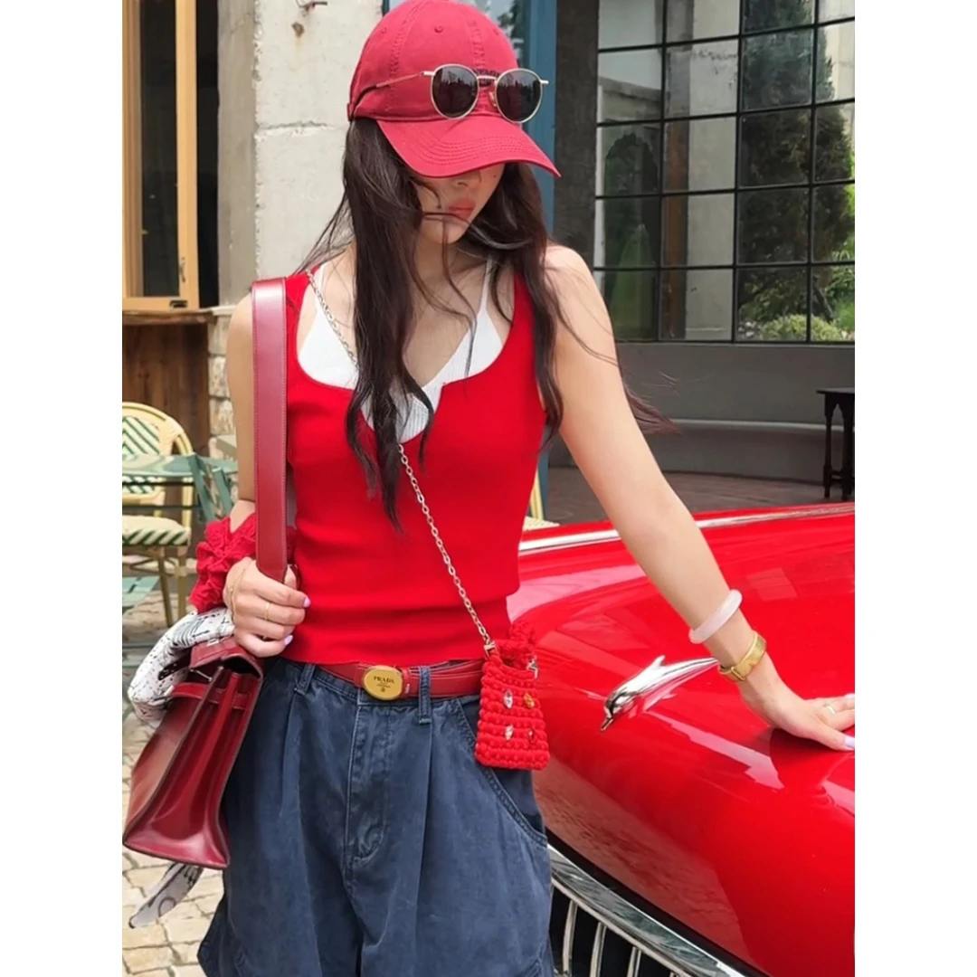 度月棠2025夏季新款设计感针织多巴胺撞色假两件背心吊带显瘦上衣