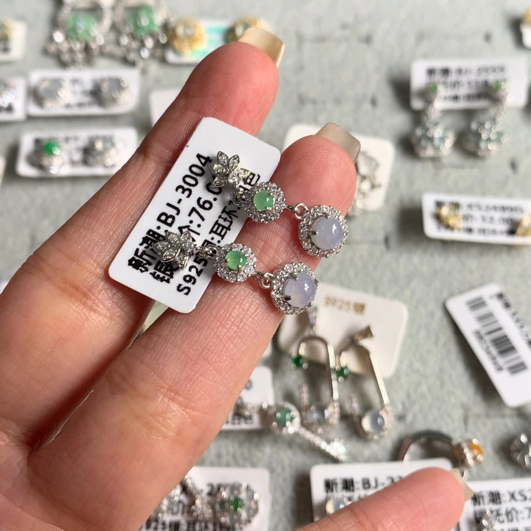 翡翠银S925镶嵌耳饰耳钉