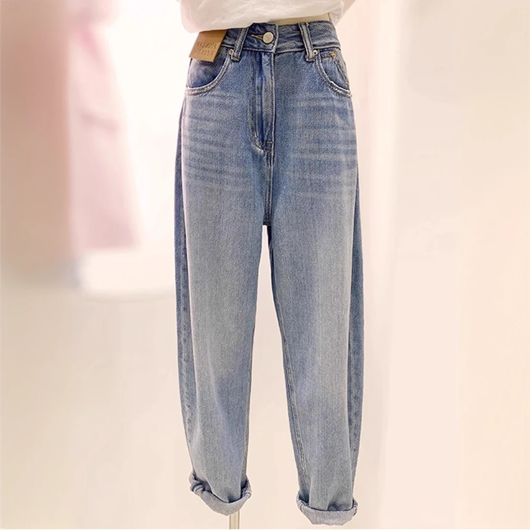 2025春季百搭时尚高腰直筒显瘦哈伦裤宽松老爹牛仔裤春秋薄款