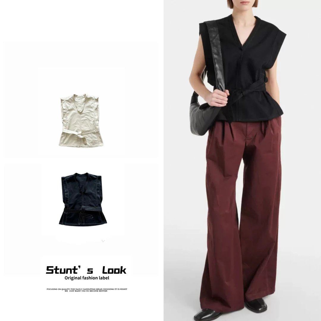 【叠穿神器】Lem风早春老钱风休闲V领腰带无袖收腰马甲00074