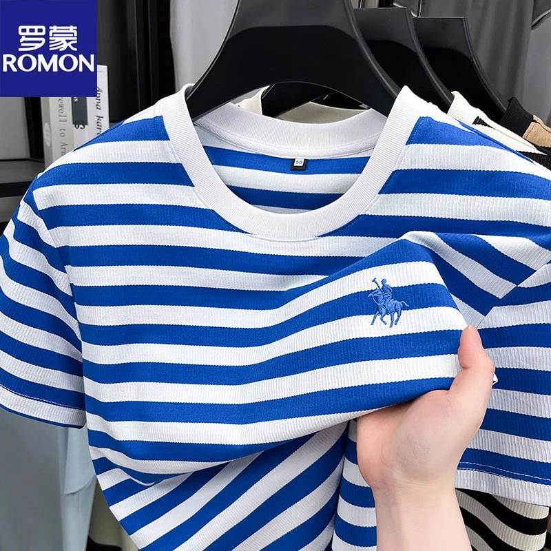 罗蒙2025夏新款中青年男士圆领条纹短袖T恤衫休闲刺绣半袖体恤男