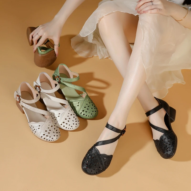 新款夏季凉鞋真皮软底透气女鞋平底防滑百搭时尚妈妈鞋 0001