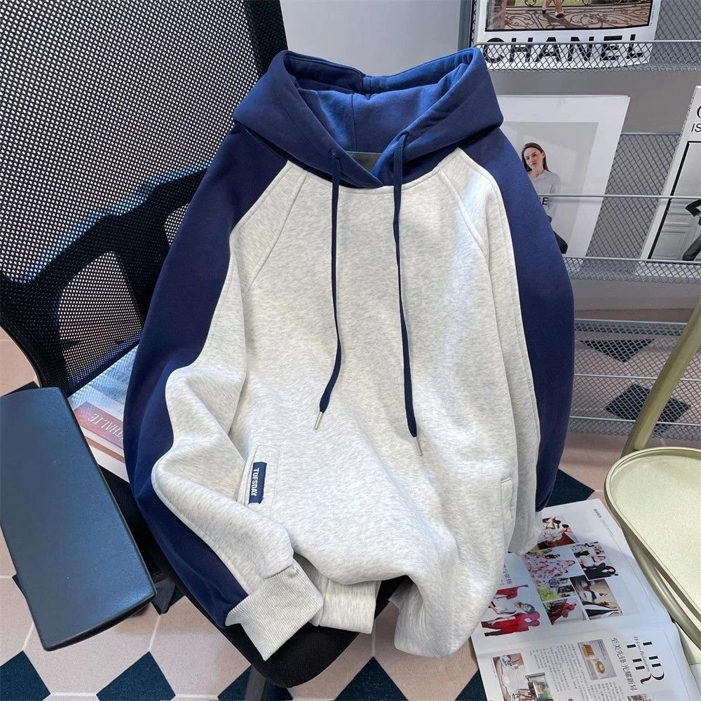 大码-300斤美式复古灰色撞色拼接连帽卫衣男女2025新款情侣装上衣