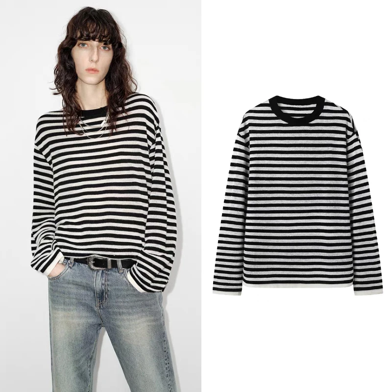 K1017【M】针织衫2025春季新品美丽诺绵羊毛条纹毛衣宽松落肩上衣