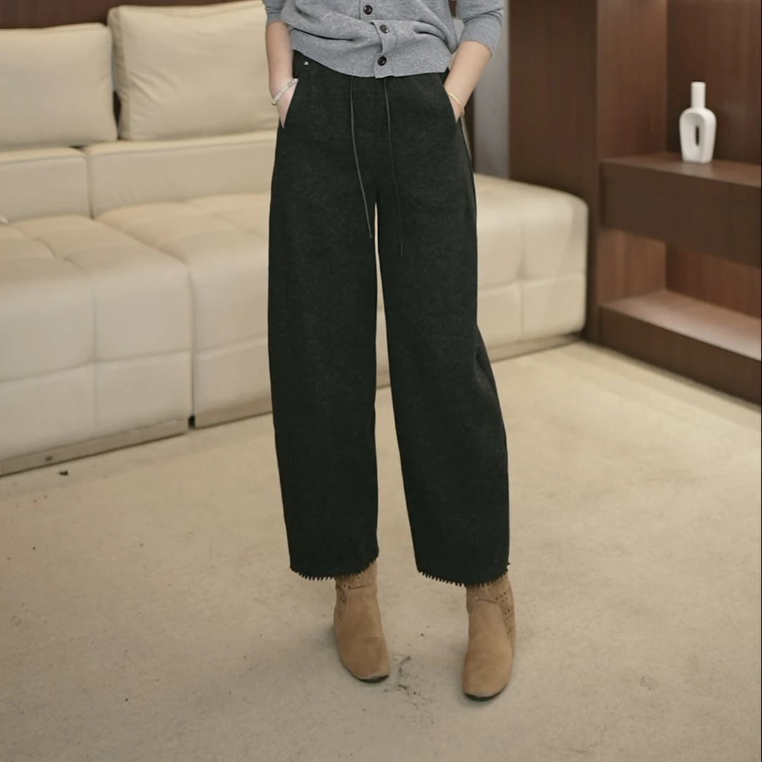 秋冬毛呢九分哈伦裤女2025今年流行松紧高腰休闲裤显瘦直筒裤3650