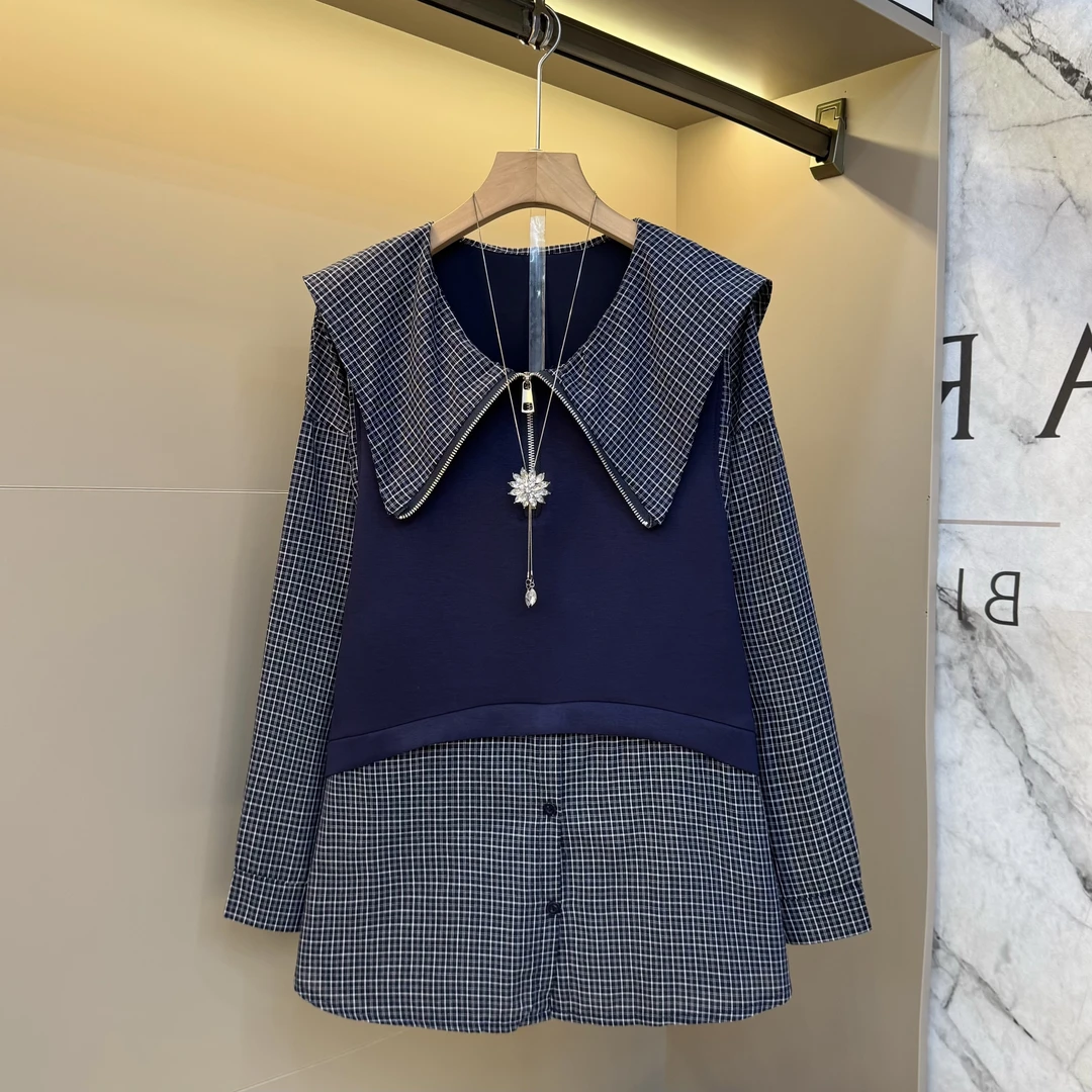2025时尚欧货大码百搭格子拼接休闲秋季宽松新款时尚上衣9096