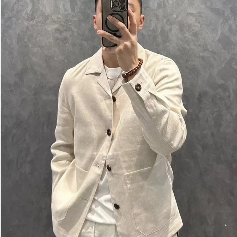 秋季新款高级亚麻秋冬西服外套男士痞帅复古休闲翻领衬衫夹克上衣