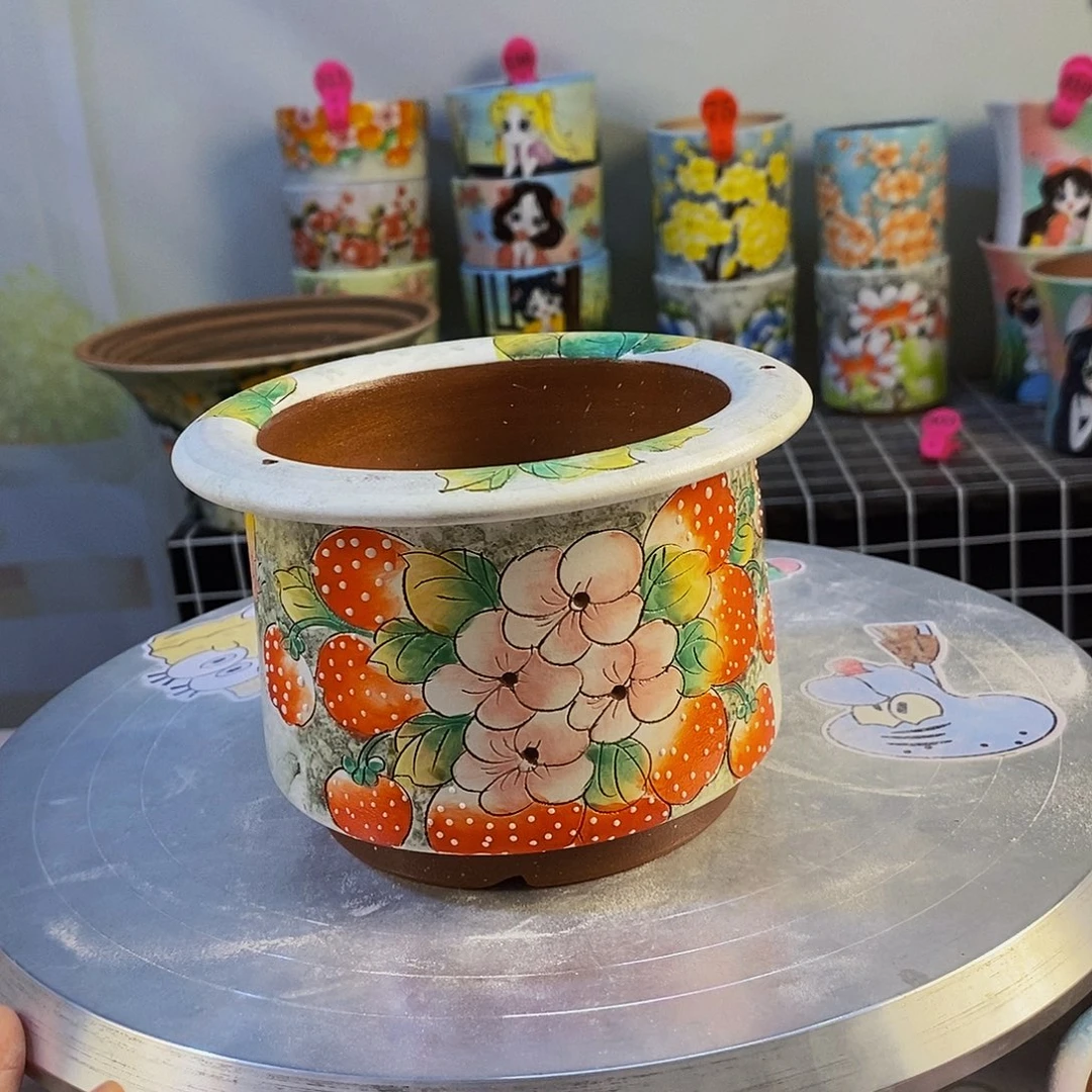 紫砂花盆红陶手绘花盆