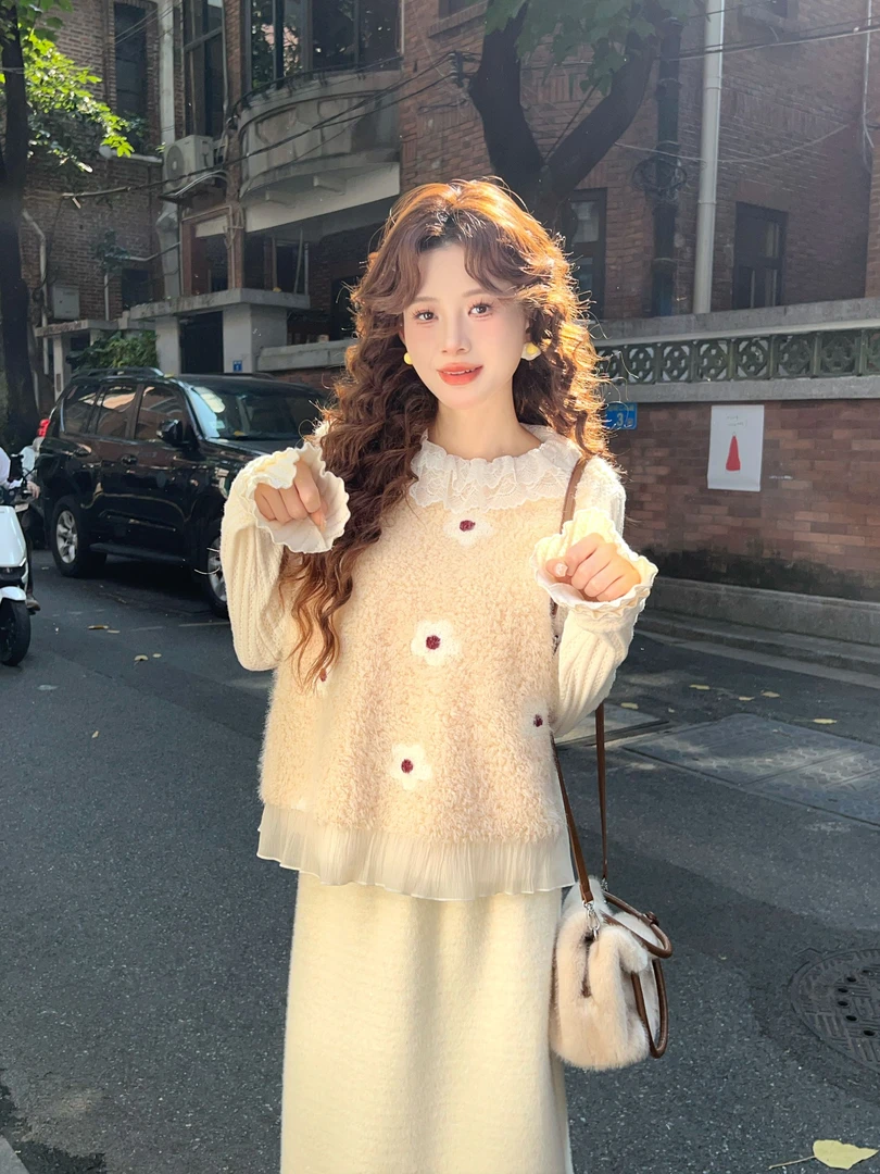 温舒敏【香草软糖】港风复古秋冬百搭磨毛两件套上衣MJ1689599