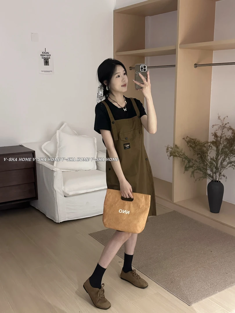 薇莎2305【现货】80-150斤拼接假二件连衣裙