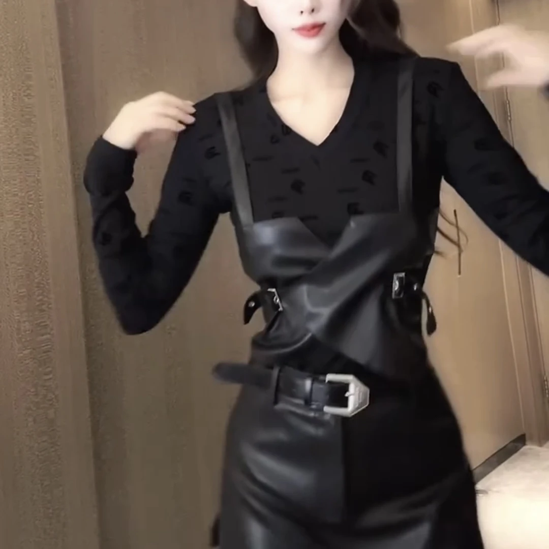 冬季新款假两件拼接工艺设计感洋气修身显瘦长袖打底上衣女