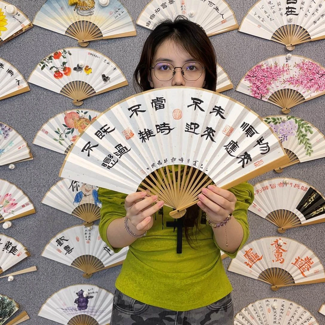 书法8寸玉竹-纯手绘-文玩扇骨（默认粘好）