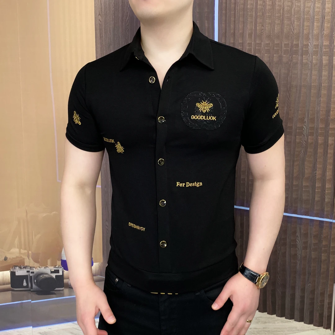 2025夏幸运蜂翻领男装男士时尚休闲百搭潮流修身Polo衫帅气半袖