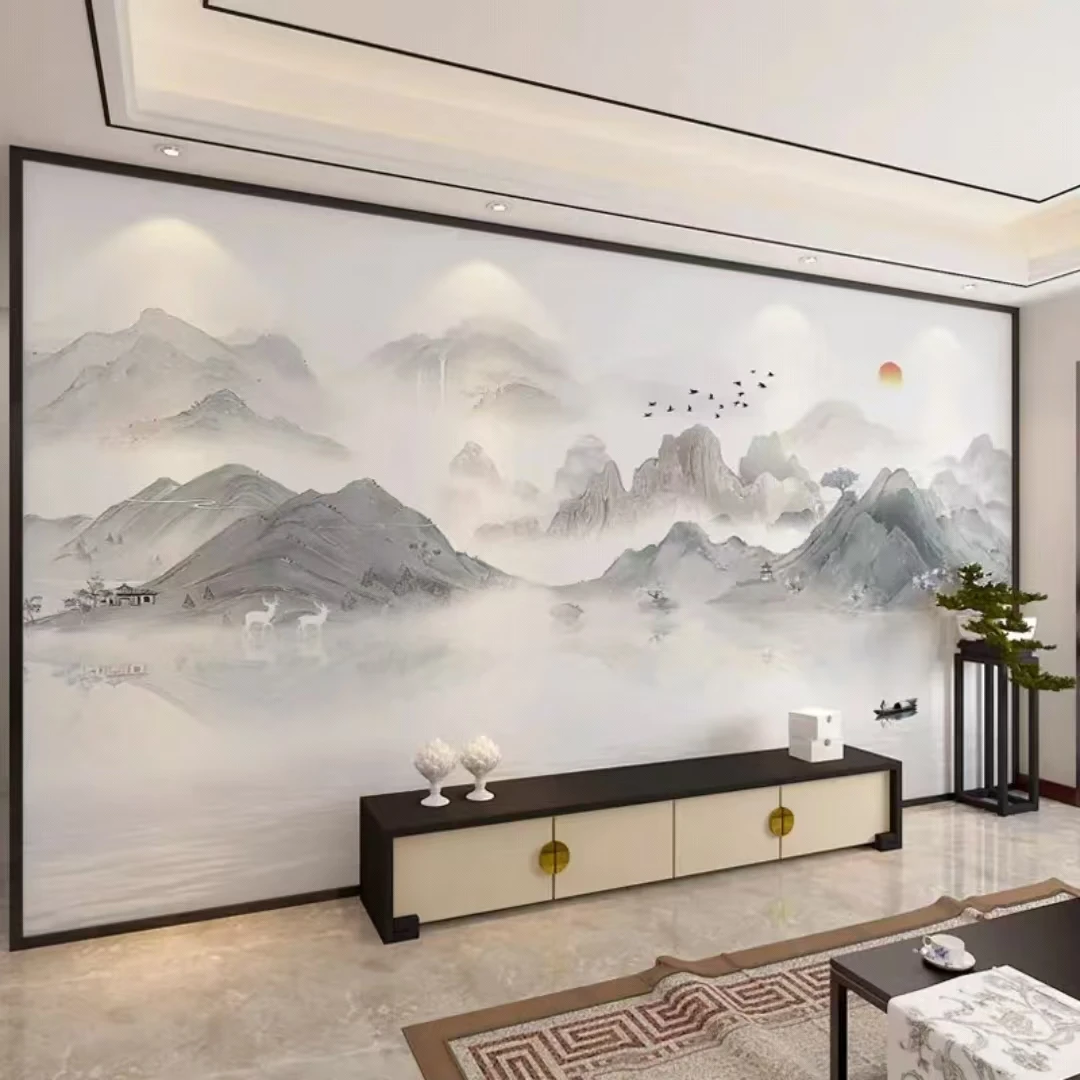 墙纸定制中式3d立体水墨山水电视背景墙壁纸客厅壁布卧室墙布壁画
