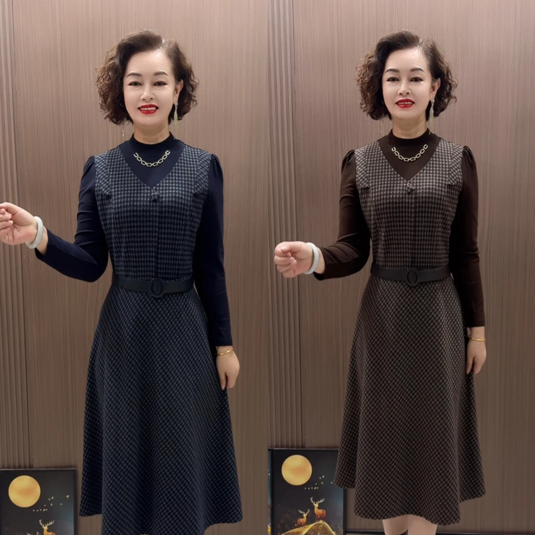 时尚气质秋冬新款洋气显瘦中长款女士格子假两件连衣裙冬季裙子