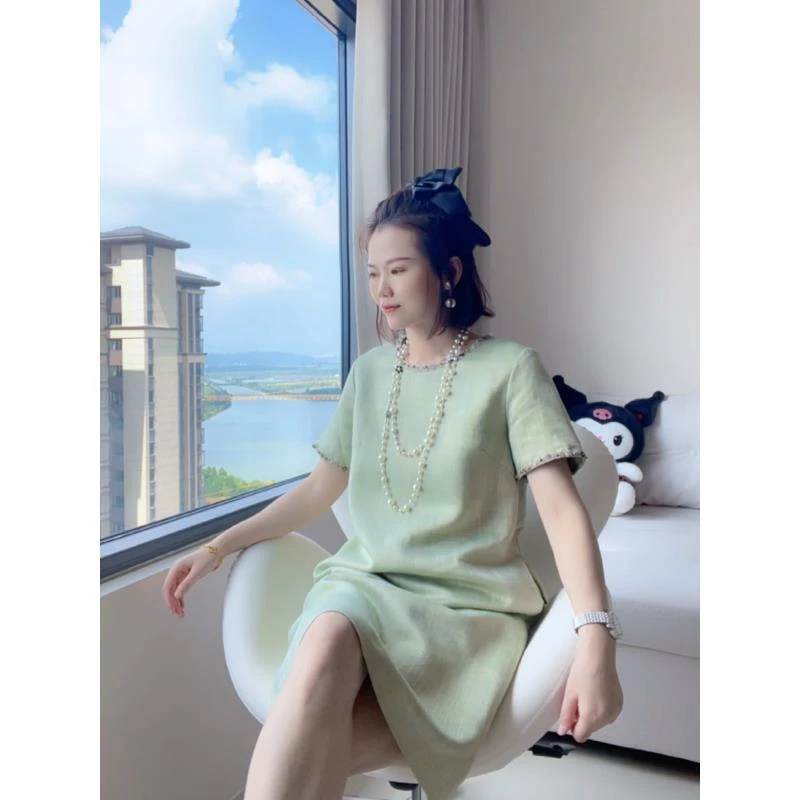 【李文严选】夏季轻奢金丝亚麻圆领裙子百搭连衣裙25089