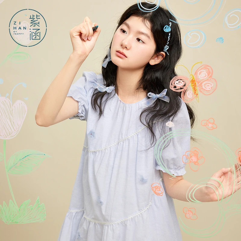 紫涵花朵显瘦连衣裙女2025年春夏季新款甜美娃娃裙Z5Z03NS004