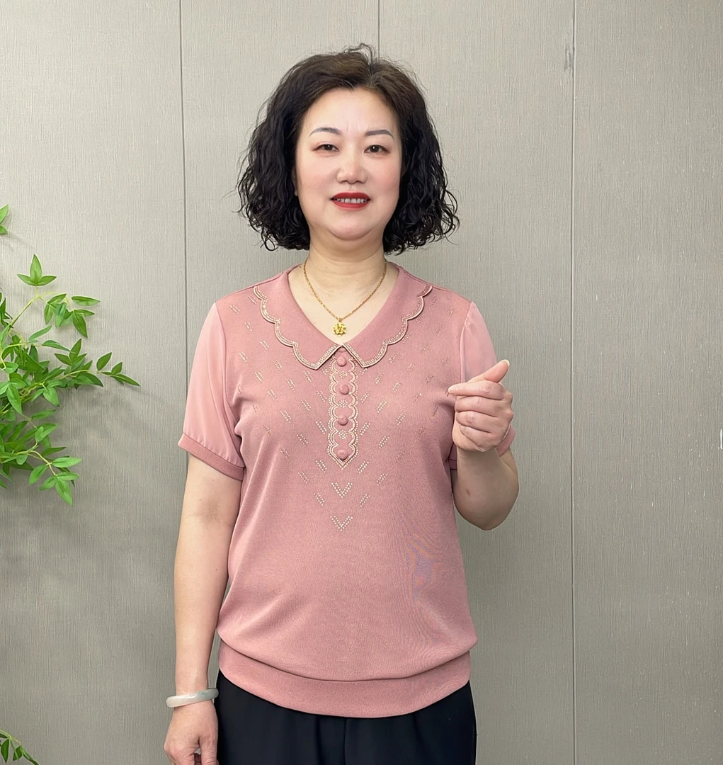 2025夏季中老年女装洋气时尚百搭宽松薄款遮肚显瘦妈妈针织衫T恤