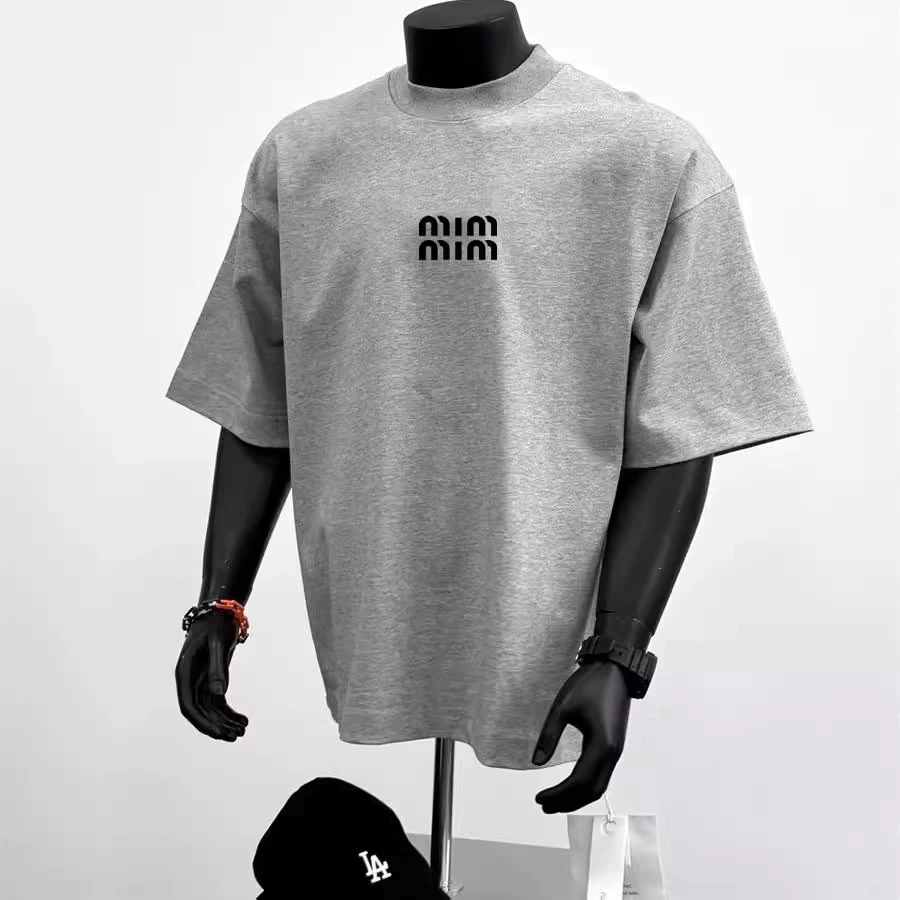 美式复古花灰色t恤男款小领口纯棉高克重磅短袖boxy版型夏季半袖