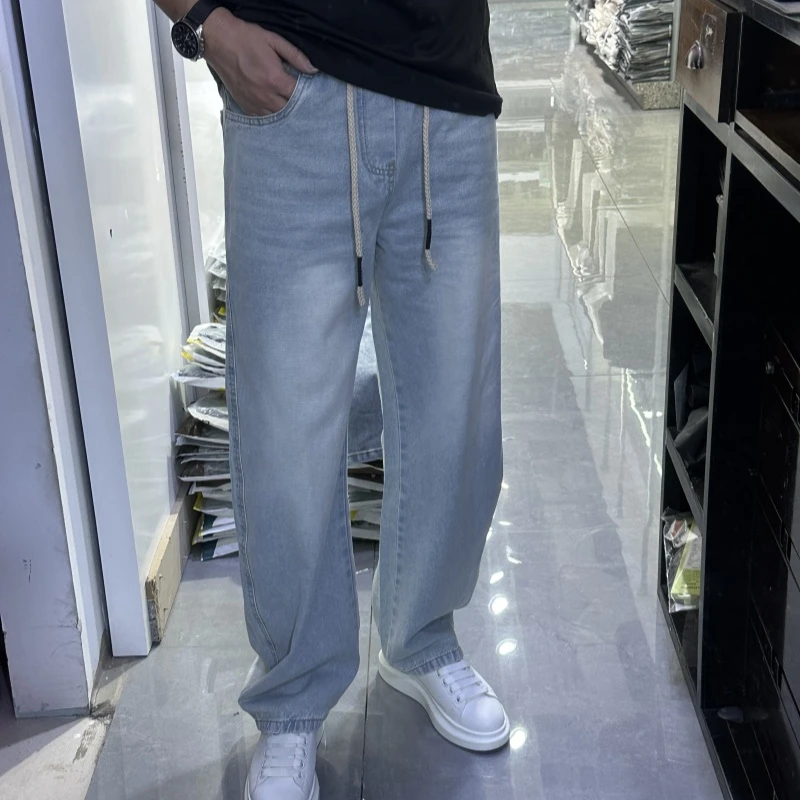 3295男士弯刀牛仔裤痞帅水洗阔腿2025夏季高个子加长直筒牛仔裤男
