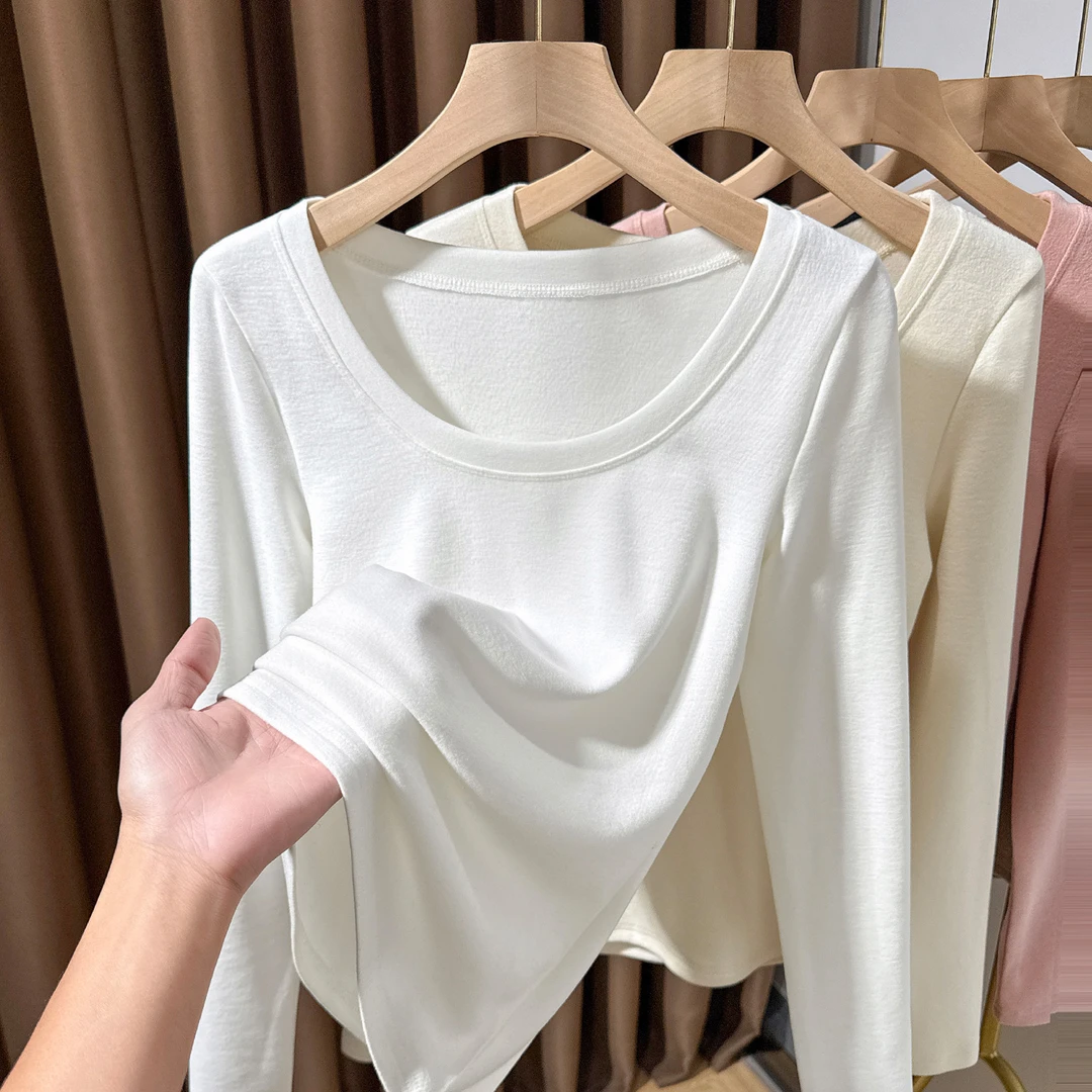 双面磨毛长袖正肩打底衫女秋冬款澳绒修身内搭大圆领保暖时尚小衫