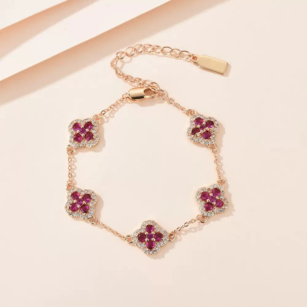 铜合金手链 欧美五瓣四叶草紫锆石花朵小众百搭精致设计感手链女