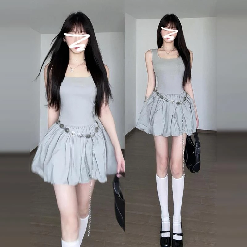 法式灰色无袖吊带背心连衣裙子女春秋季2025新款辣妹收腰蓬蓬短裙