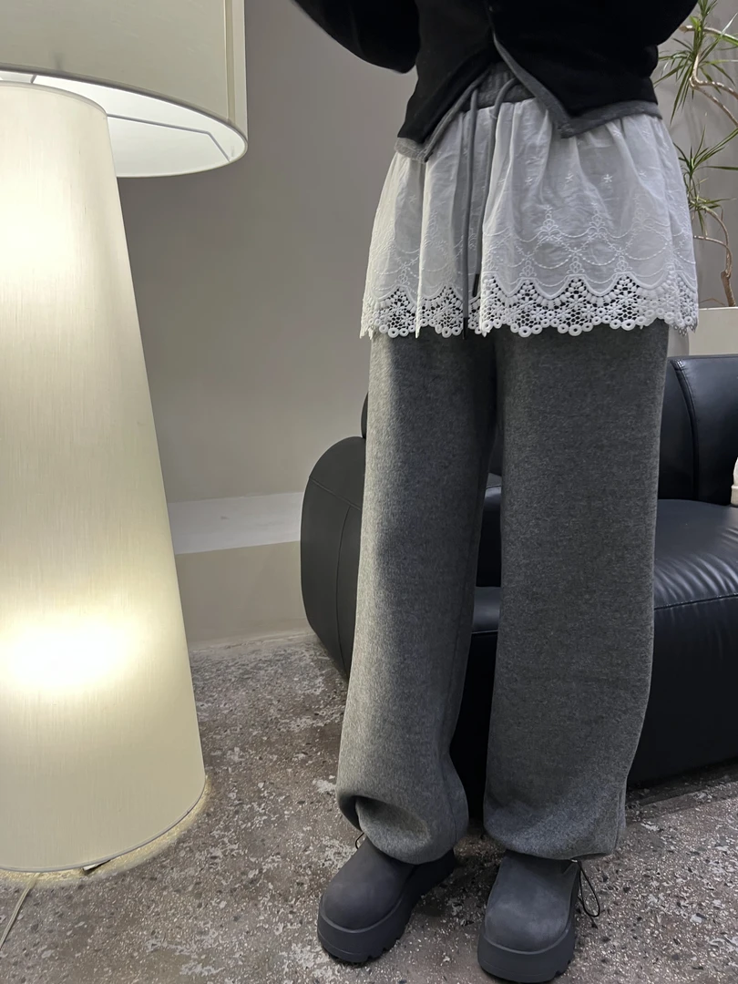 HY-《蕾丝拼接裤》韩系设计感小众蕾丝拼接阔腿裤冬季新款休闲长裤