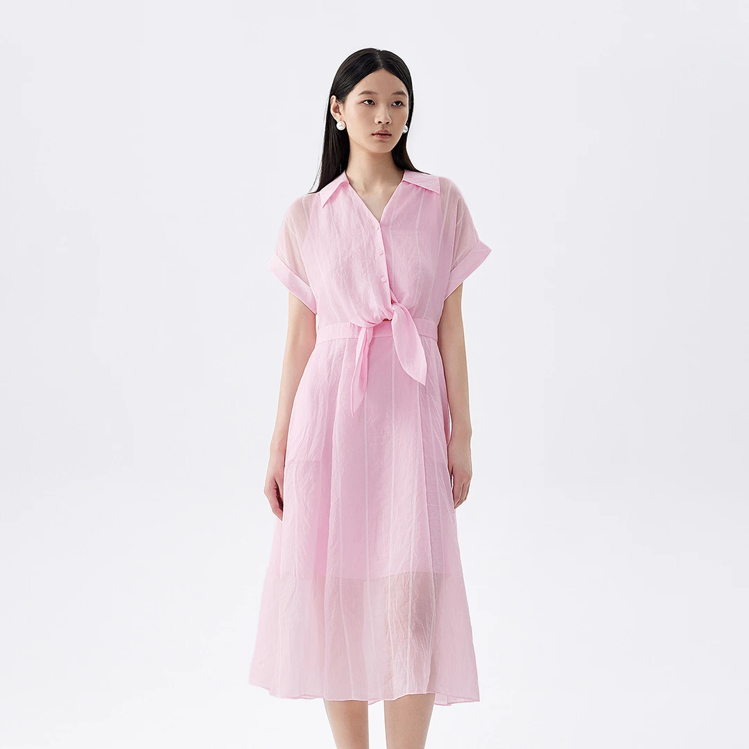 FIVE PLUS夏装连衣裙女小心机绑带条纹衬衫裙中长天丝2LA2088270