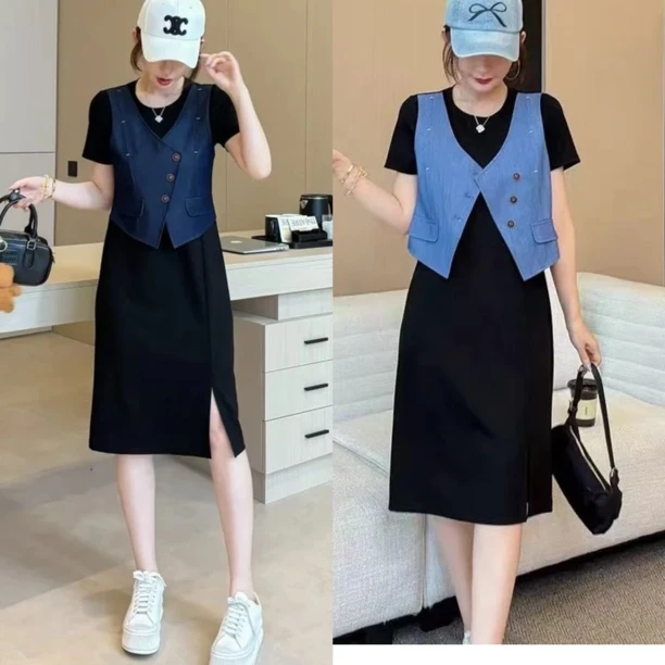 新款小香风假两件马甲显瘦气质连衣裙25810