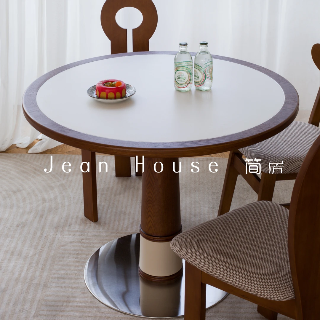【简房】中古风圆桌实木内嵌岩板圆形餐桌小户型家用餐厅桌子洽谈桌