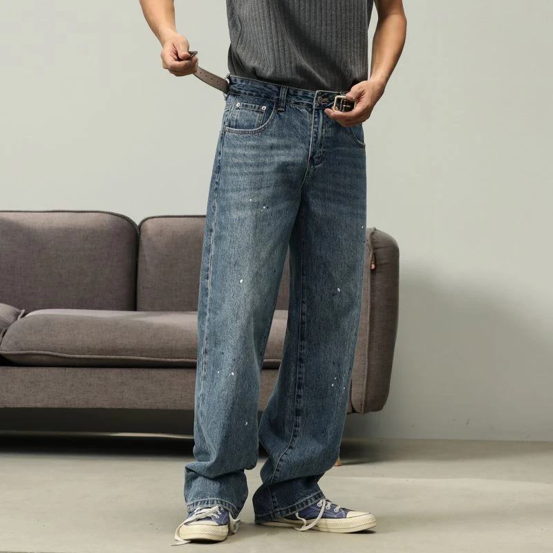 秋冬新款宽松直筒泼漆水洗做旧百搭牛仔裤时尚潮流长裤男男款