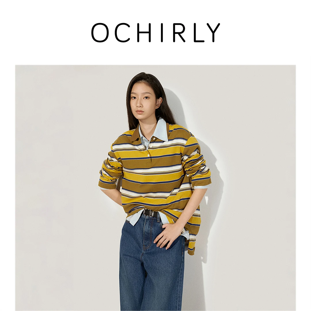 #OCHIRLY欧时力100%长绒棉长袖t恤条纹Polo衫25春季商场同款新品